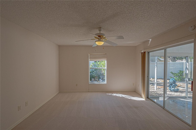 carpeted spare room with ceiling fan and a textured ceiling