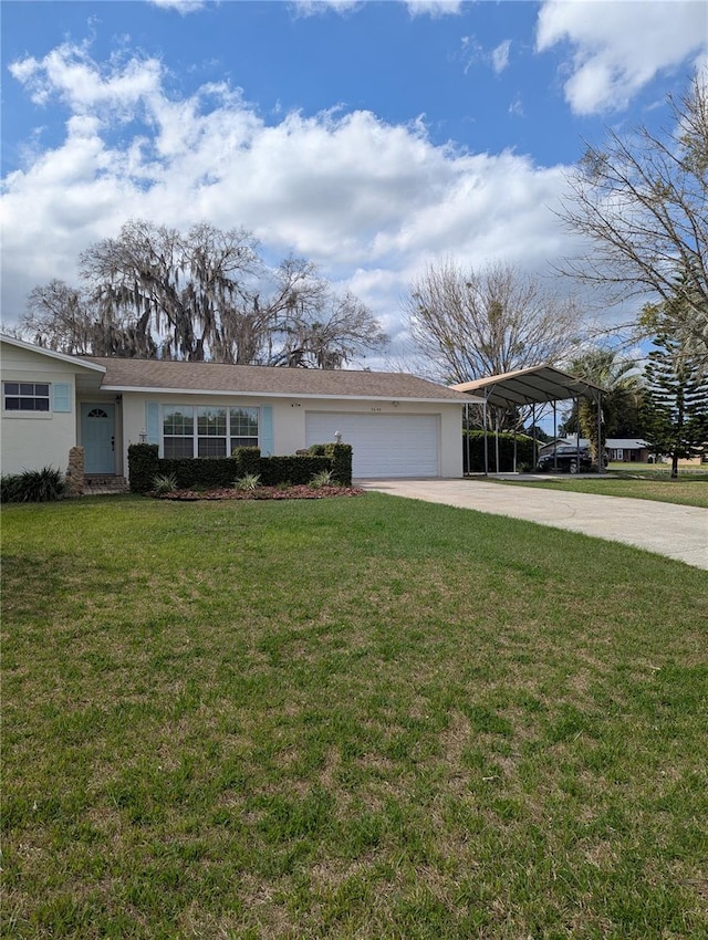 single story home featuring driveway, stucco siding, an attached garage, and a front yard