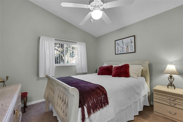 carpeted bedroom featuring lofted ceiling and ceiling fan