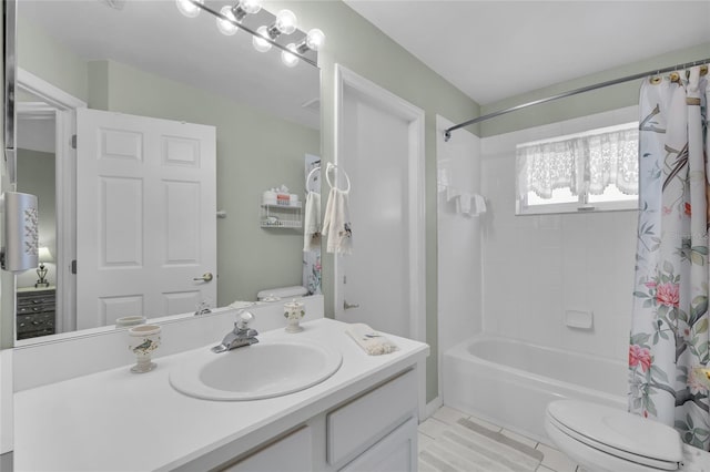 full bathroom featuring vanity, tile patterned floors, shower / bath combination with curtain, and toilet