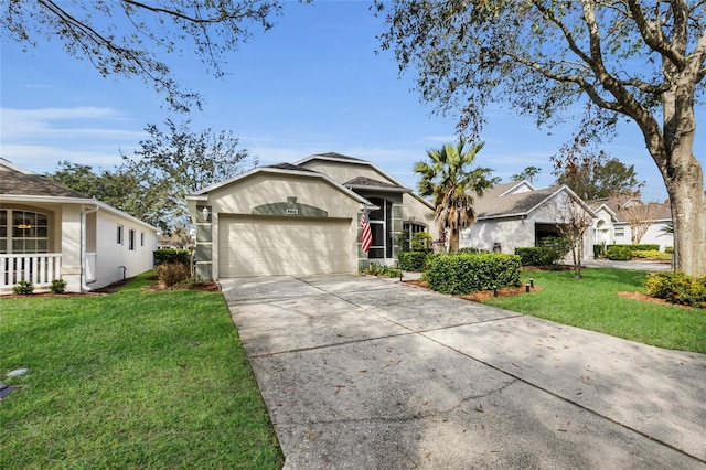 ranch-style house featuring a garage and a front yard