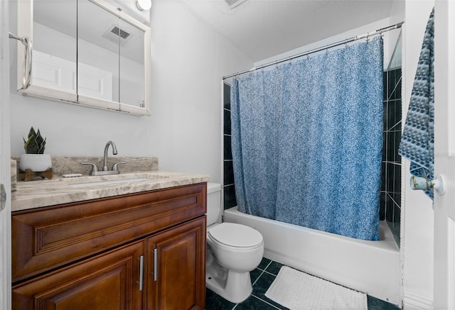 bathroom with visible vents, toilet, tile patterned floors, shower / bathtub combination with curtain, and vanity