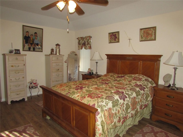 bedroom with a raised ceiling, ceiling fan, and dark hardwood / wood-style floors