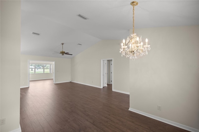 spare room with vaulted ceiling, dark wood-type flooring, and ceiling fan