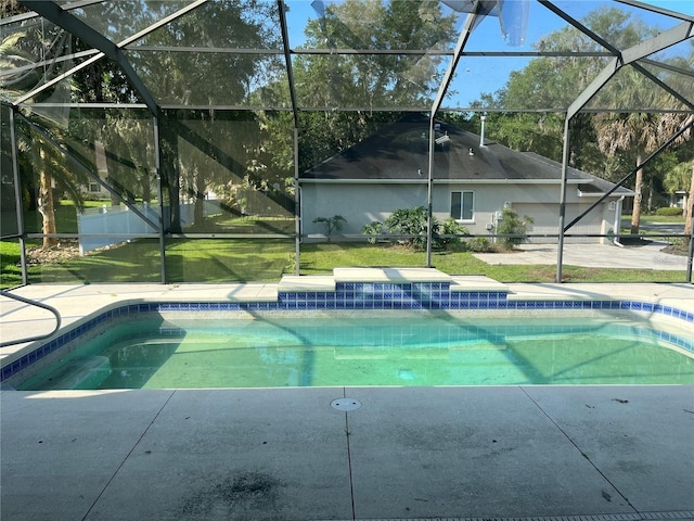 view of swimming pool with a yard and a lanai