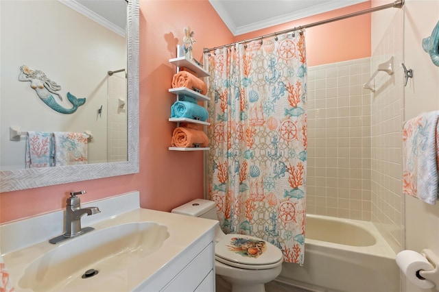 full bathroom featuring shower / tub combo with curtain, ornamental molding, toilet, and vanity