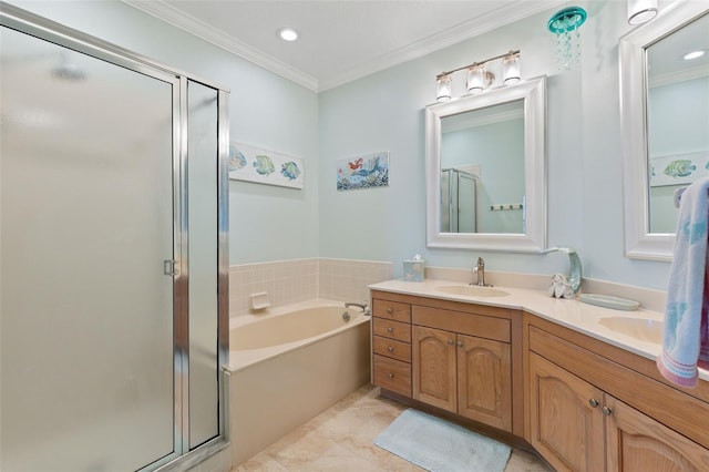 bathroom with crown molding, vanity, and shower with separate bathtub