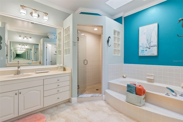 bathroom featuring vanity, a skylight, ornamental molding, and plus walk in shower