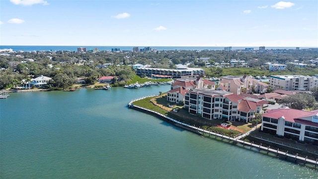 bird's eye view with a water view