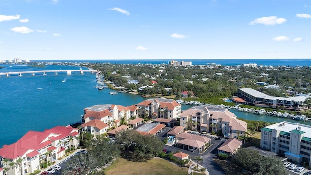 bird's eye view with a water view