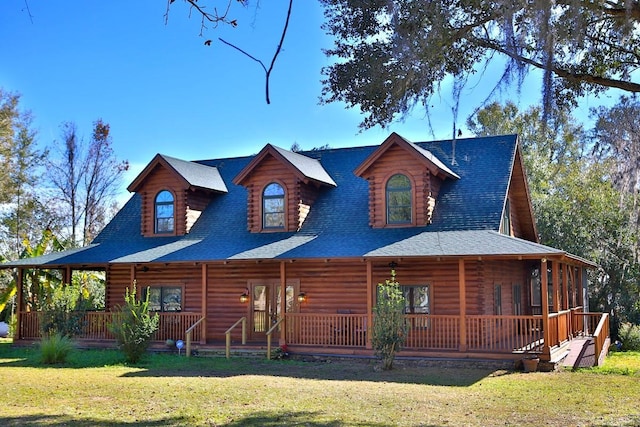 log cabin featuring a porch and a front lawn