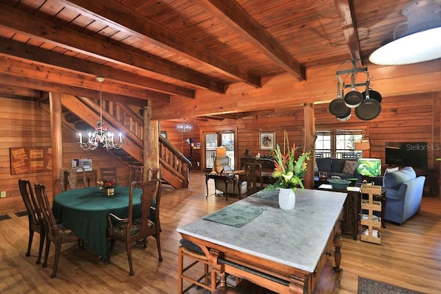 dining area with an inviting chandelier, wood ceiling, and wooden walls