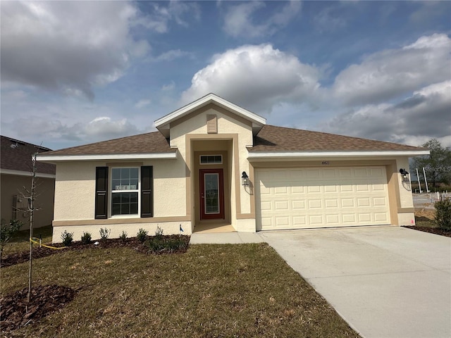 view of front of home with an attached garage, roof with shingles, concrete driveway, and stucco siding