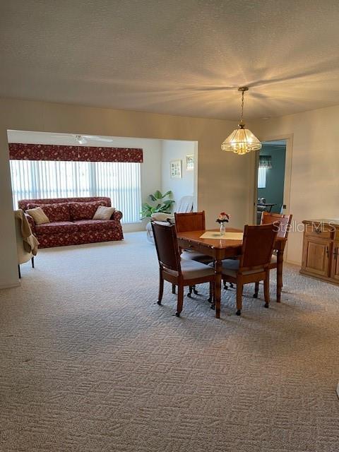 dining room featuring a textured ceiling and carpet