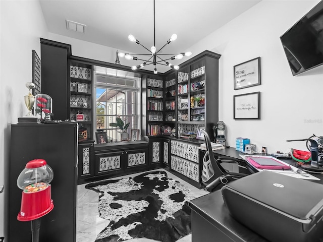 office space featuring marble finish floor, visible vents, and an inviting chandelier