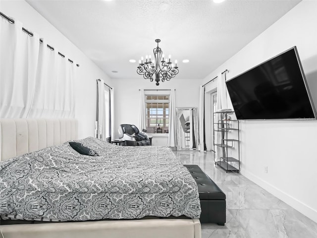 bedroom featuring recessed lighting, baseboards, a textured ceiling, marble finish floor, and a notable chandelier