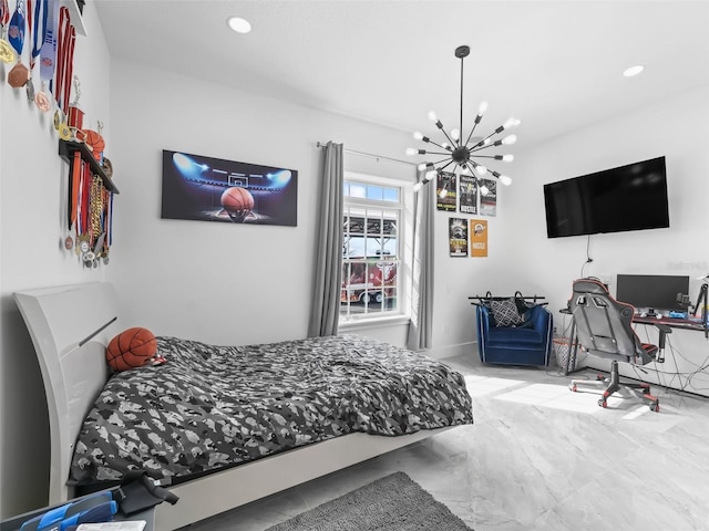 bedroom featuring recessed lighting and a notable chandelier