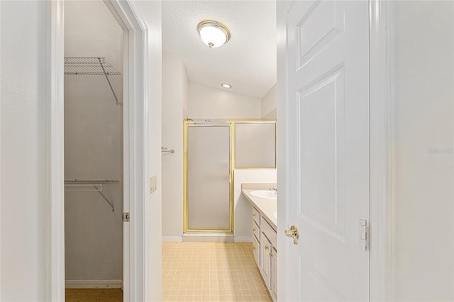 bathroom featuring a spacious closet, a stall shower, vaulted ceiling, and vanity