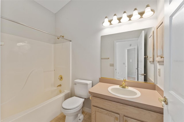 full bath featuring tile patterned floors, toilet, shower / bathing tub combination, and vanity