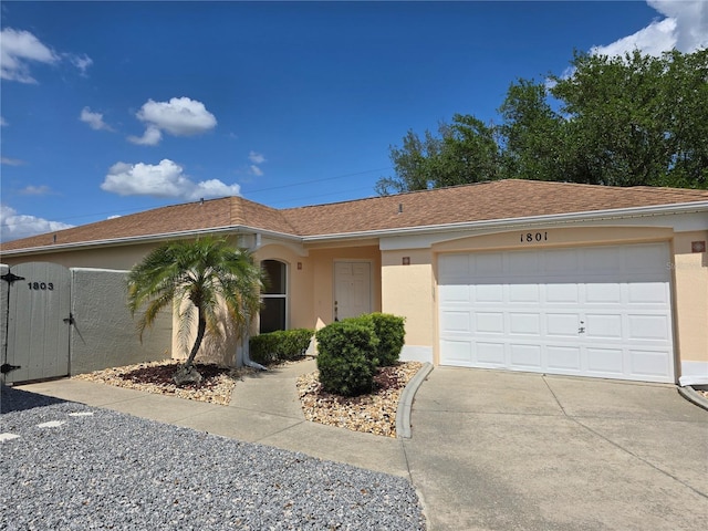 ranch-style house with concrete driveway, a gate, a garage, and stucco siding