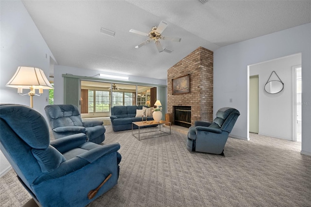 8450 SW 115th Street Rd, Ocala, FL 34481 - living area with vaulted ceiling, carpet, a textured ceiling, ceiling fan, and a fireplace