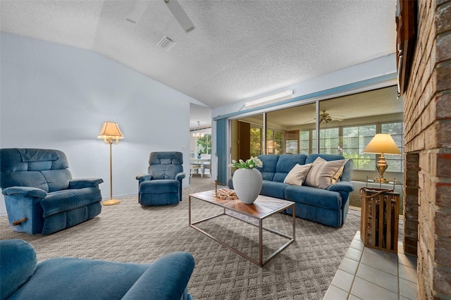 8450 SW 115th Street Rd, Ocala, FL 34481 - tiled living room with a textured ceiling, lofted ceiling, visible vents, and a ceiling fan