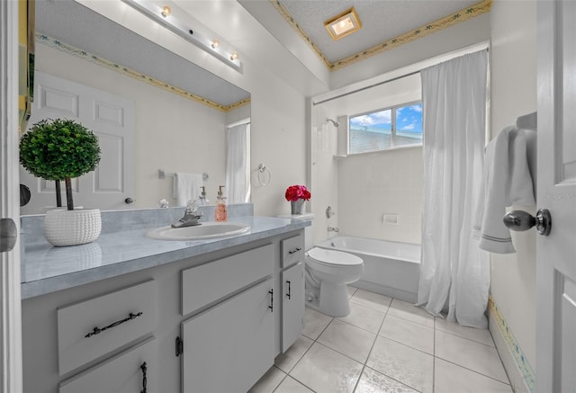 8450 SW 115th Street Rd, Ocala, FL 34481 - bathroom with tile patterned floors, toilet, vanity, shower / bathtub combination with curtain, and a textured ceiling