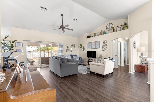 living room featuring ceiling fan, dark hardwood / wood-style flooring, and high vaulted ceiling