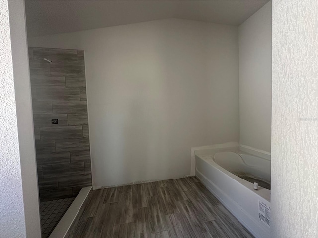 bathroom with wood-type flooring and plus walk in shower