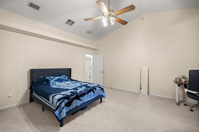 bedroom with ceiling fan, carpet flooring, and high vaulted ceiling