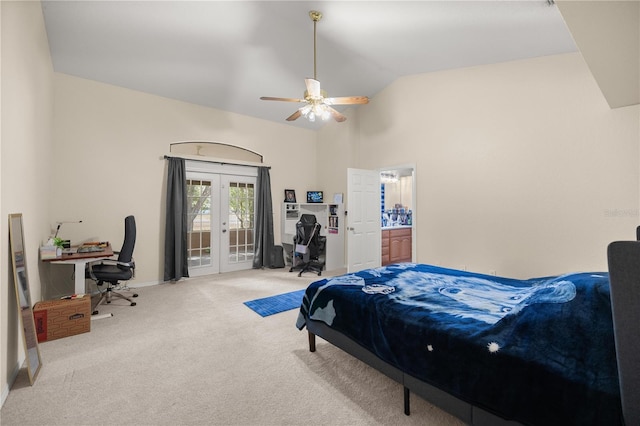 bedroom with french doors, high vaulted ceiling, light carpet, ceiling fan, and access to exterior