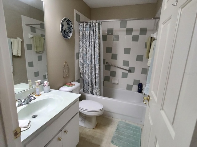 full bathroom featuring shower / bath combination with curtain, vanity, toilet, and tile patterned flooring