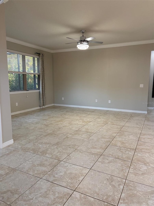 unfurnished room with ornamental molding and ceiling fan