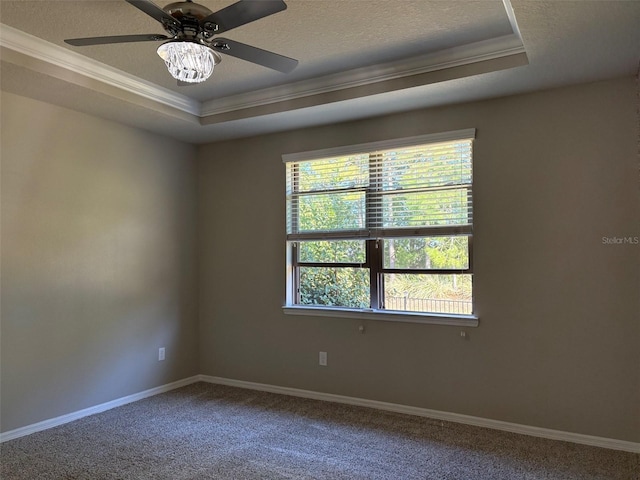 carpeted spare room featuring crown molding, a healthy amount of sunlight, a tray ceiling, and a textured ceiling