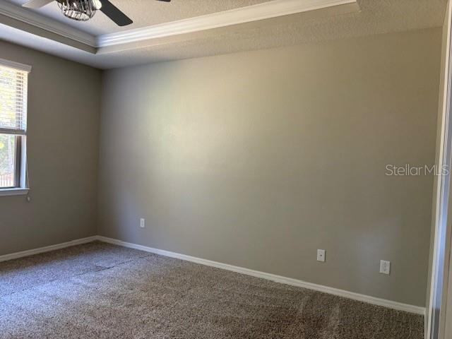 unfurnished room featuring a raised ceiling, ceiling fan, carpet floors, and a textured ceiling