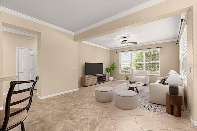 living room featuring light tile patterned floors, crown molding, and ceiling fan