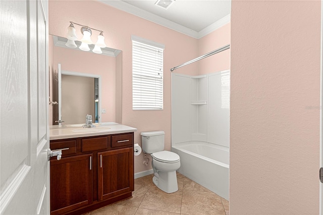 full bathroom with toilet, crown molding, vanity, shower / bath combination, and tile patterned flooring