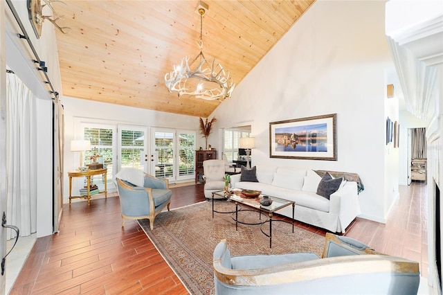 living room featuring high vaulted ceiling, wood-type flooring, a notable chandelier, wood ceiling, and french doors