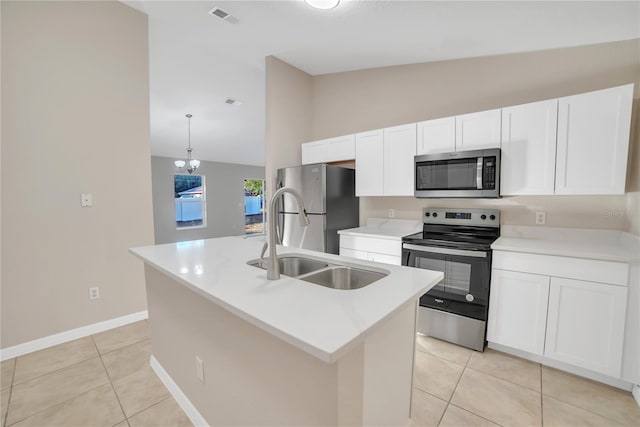 kitchen featuring stainless steel appliances, lofted ceiling, a kitchen island with sink, and sink