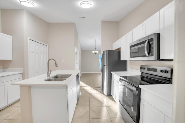 kitchen featuring white cabinetry, an island with sink, appliances with stainless steel finishes, and sink