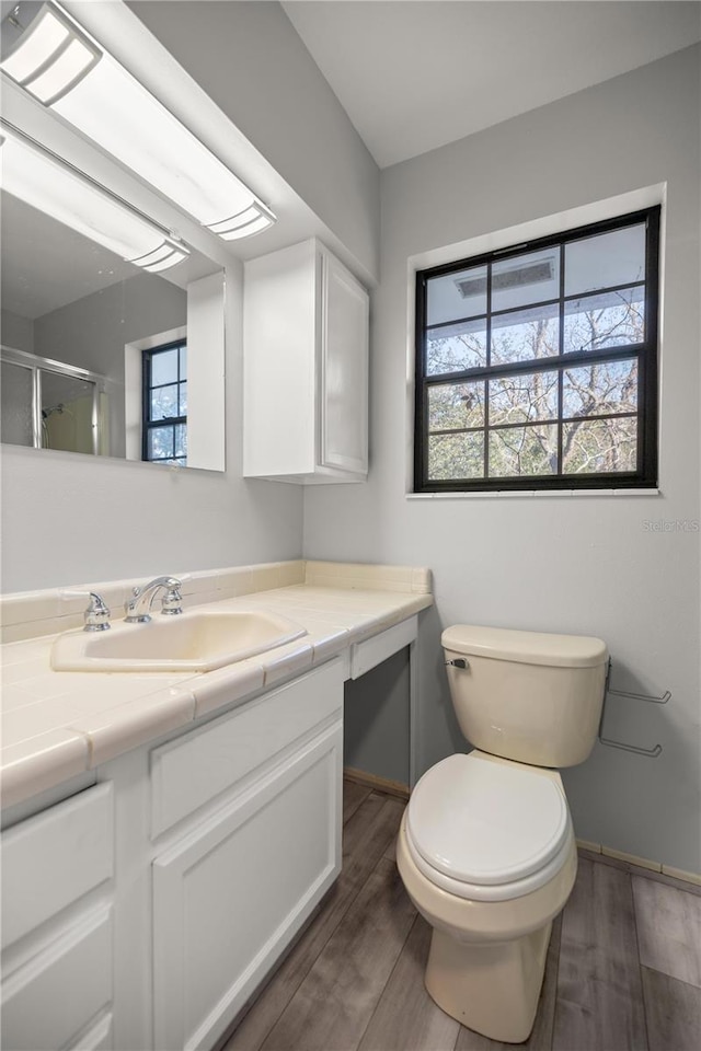 bathroom featuring vanity, wood-type flooring, a healthy amount of sunlight, and walk in shower