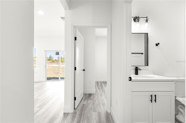 bathroom featuring vanity and hardwood / wood-style floors