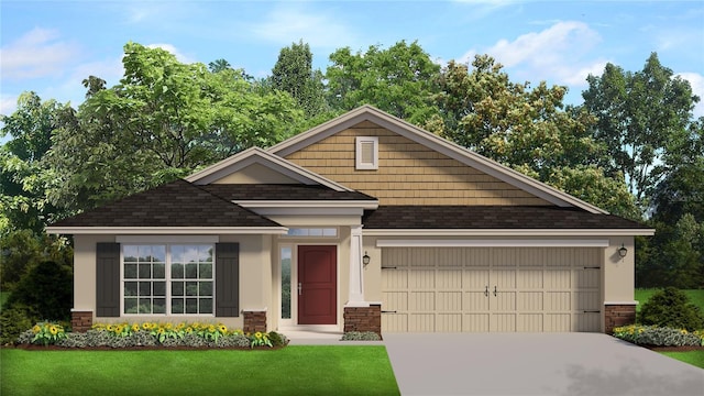 craftsman inspired home with an attached garage, a shingled roof, concrete driveway, stucco siding, and a front lawn