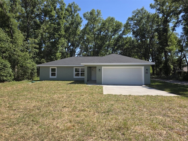 single story home with a garage, a front lawn, stucco siding, and concrete driveway