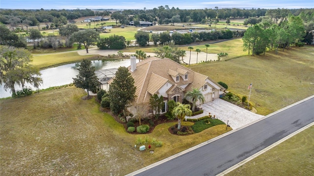 drone / aerial view with a water view