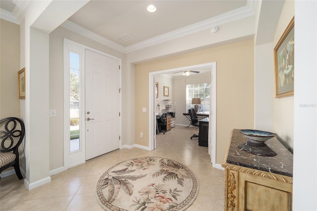 tiled entryway with crown molding