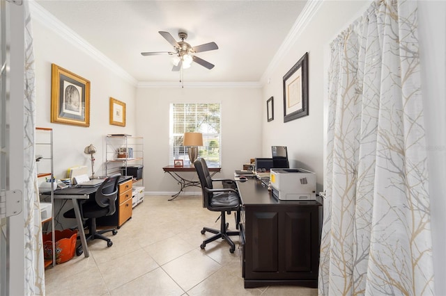 office with light tile patterned floors, ornamental molding, and ceiling fan