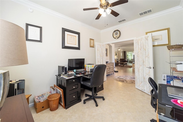 office space with ornamental molding and ceiling fan