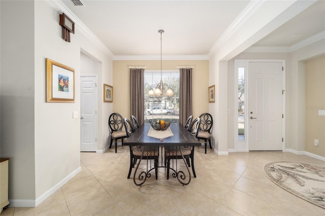 dining space featuring an inviting chandelier, light tile patterned floors, and ornamental molding