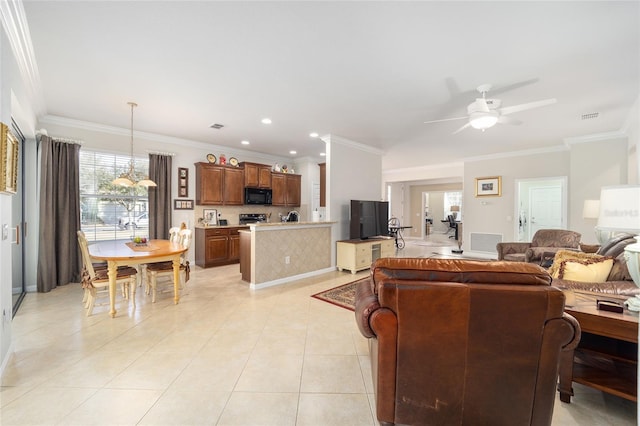 living room with light tile patterned floors, crown molding, and ceiling fan